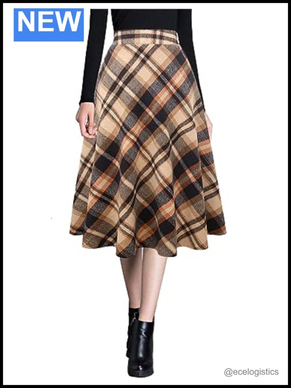 Warm Wool Midi Skirt High Waist A-Line Flared Woolen Skirts with Pockets